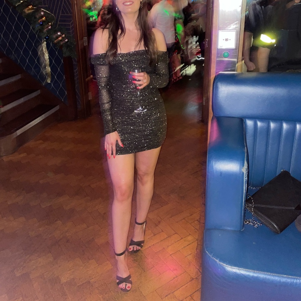 Oh Polly Black sparkly off shoulder long sleeve party dress. Size 4.
